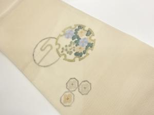 絽　変わり雪輪・丸文に花々模様織出し袋帯